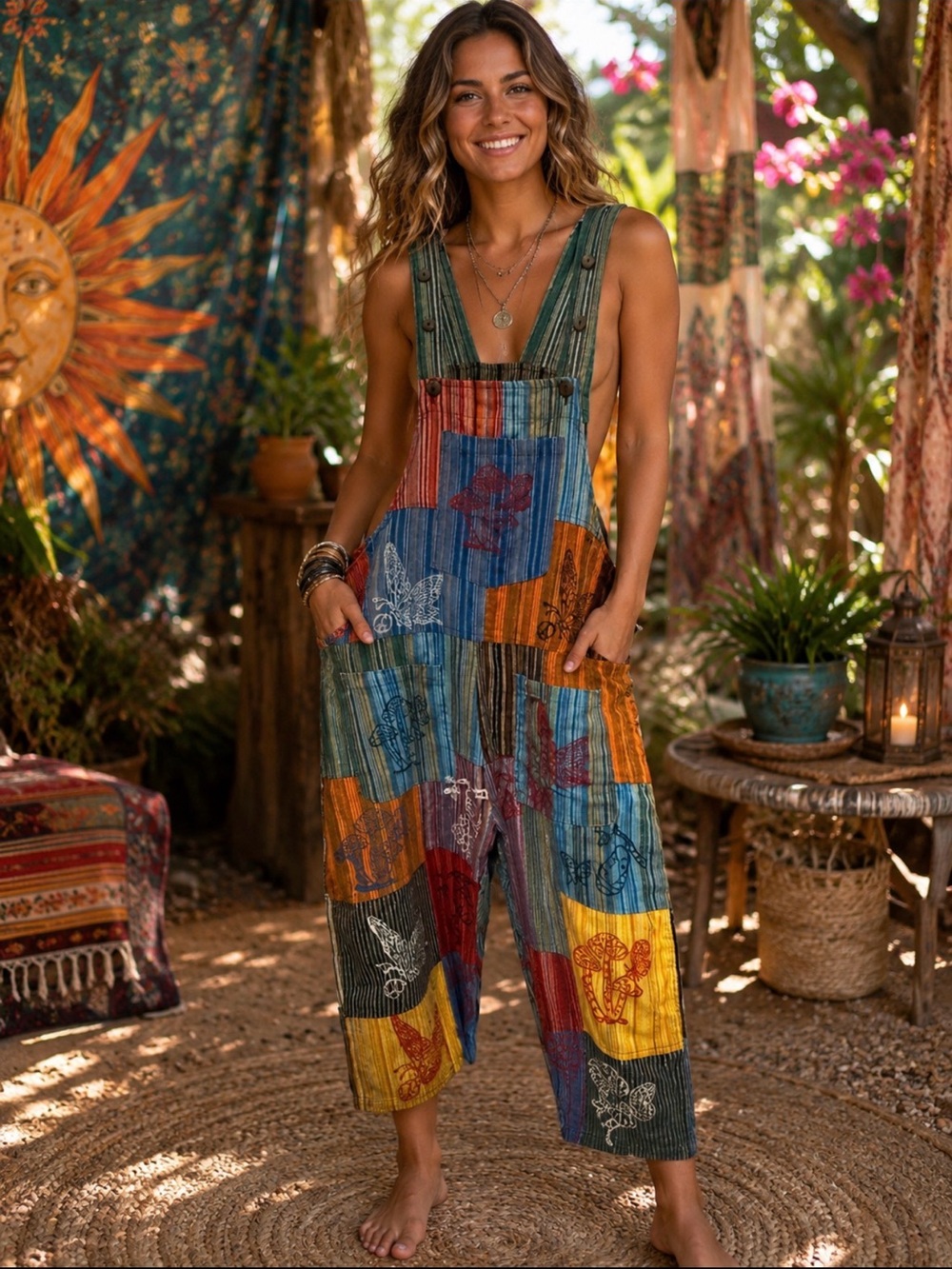 Rising International Patchwork Boho Wide-Leg Jumpsuit - Blue/Green/Yellow/Red